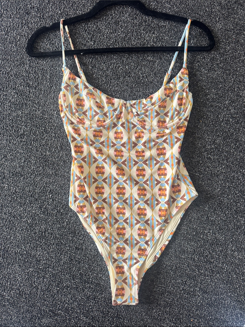 Retro Geo Print One-Piece Swimsuit in Cream and Orange